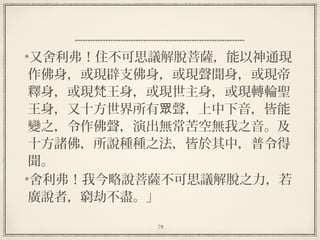 78
又舍利弗！住不可思議解脫菩薩，能以神通現
作佛身，或現辟支佛身，或現聲聞身，或現帝
釋身，或現梵王身，或現世主身，或現轉輪聖
王身，又十方世界所有 聲，上中下音，皆能眾
變之，令作佛聲，演出無常苦空無我之音。及
十方諸佛，所說種種之法，皆於其中，普令得
聞。
舍利弗！我今略說菩薩不可思議解脫之力，若
廣說者，窮劫不盡。」
 