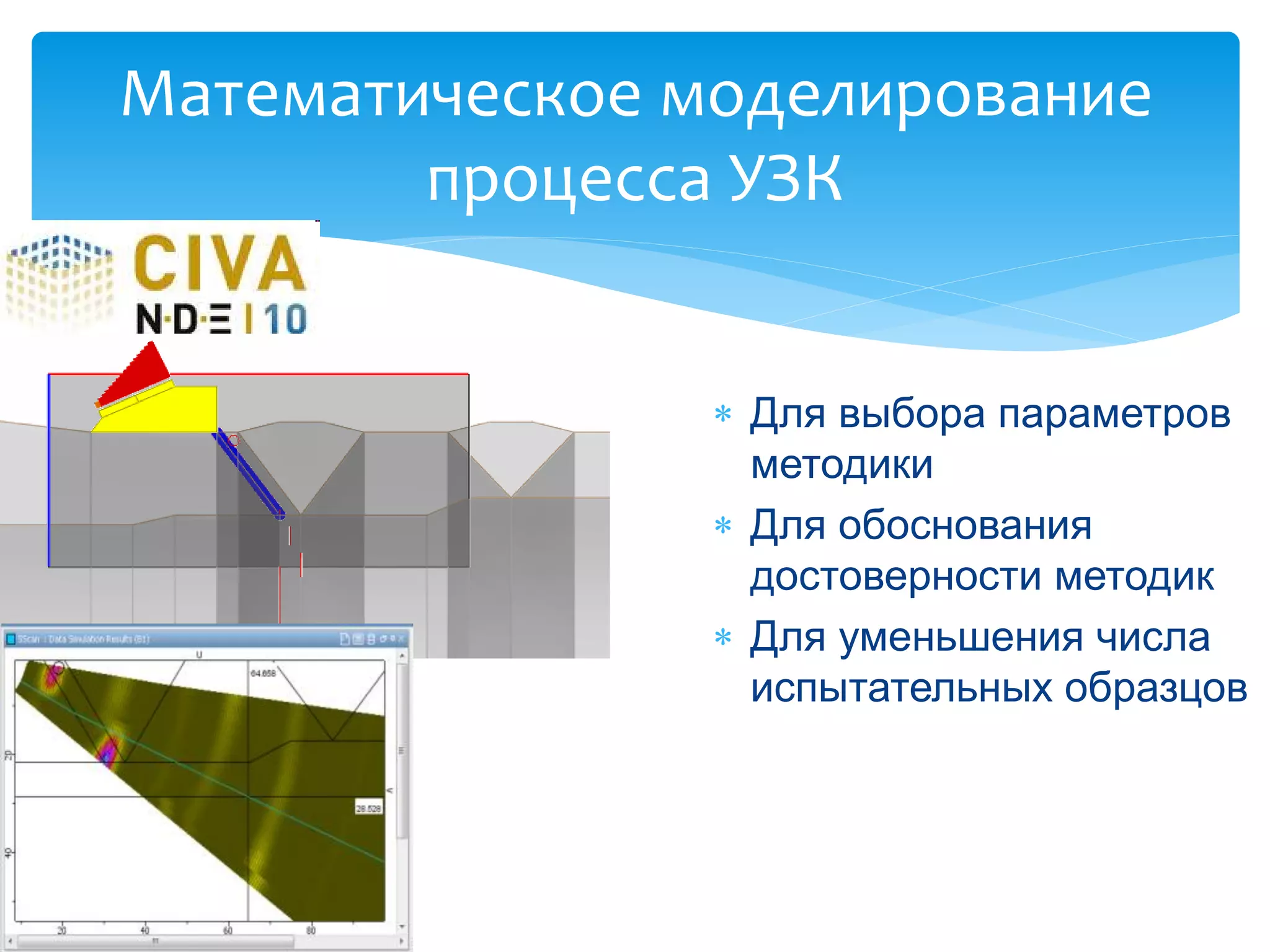 Математическое моделирование
        процесса УЗК


                 Для выбора параметров
                  методики
                 Для обоснования
                  достоверности методик
                 Для уменьшения числа
                  испытательных образцов
 