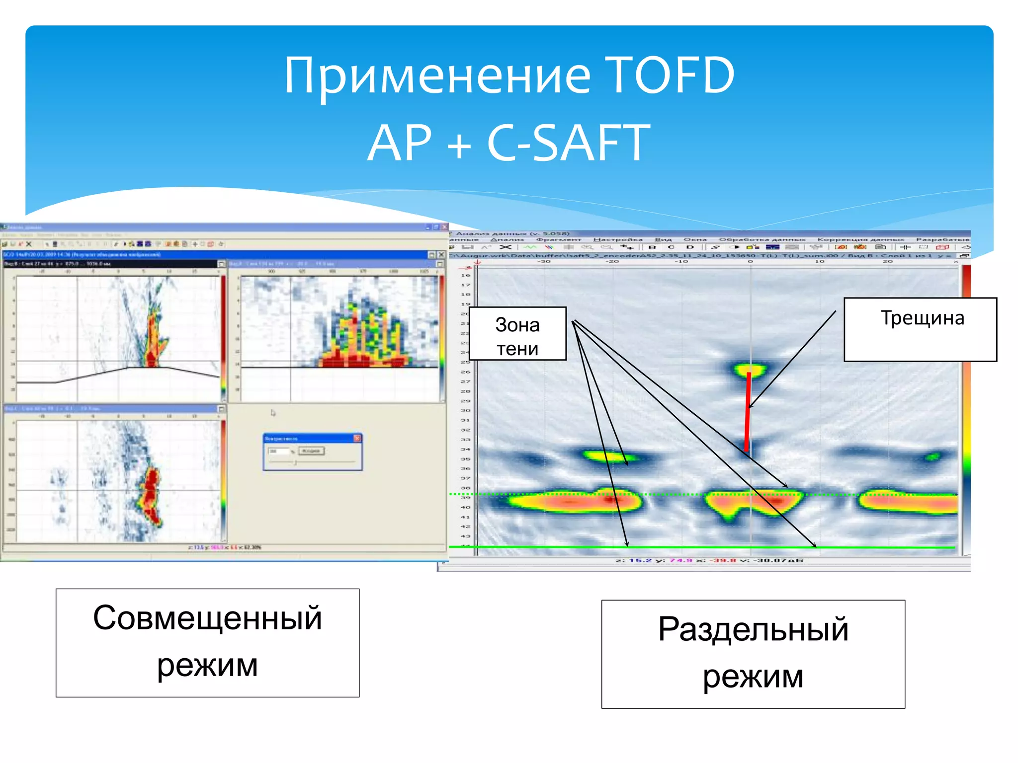 Применение TOFD
            АР + C-SAFT


                Зона                Трещина
                тени




Совмещенный            Раздельный
   режим                 режим
 