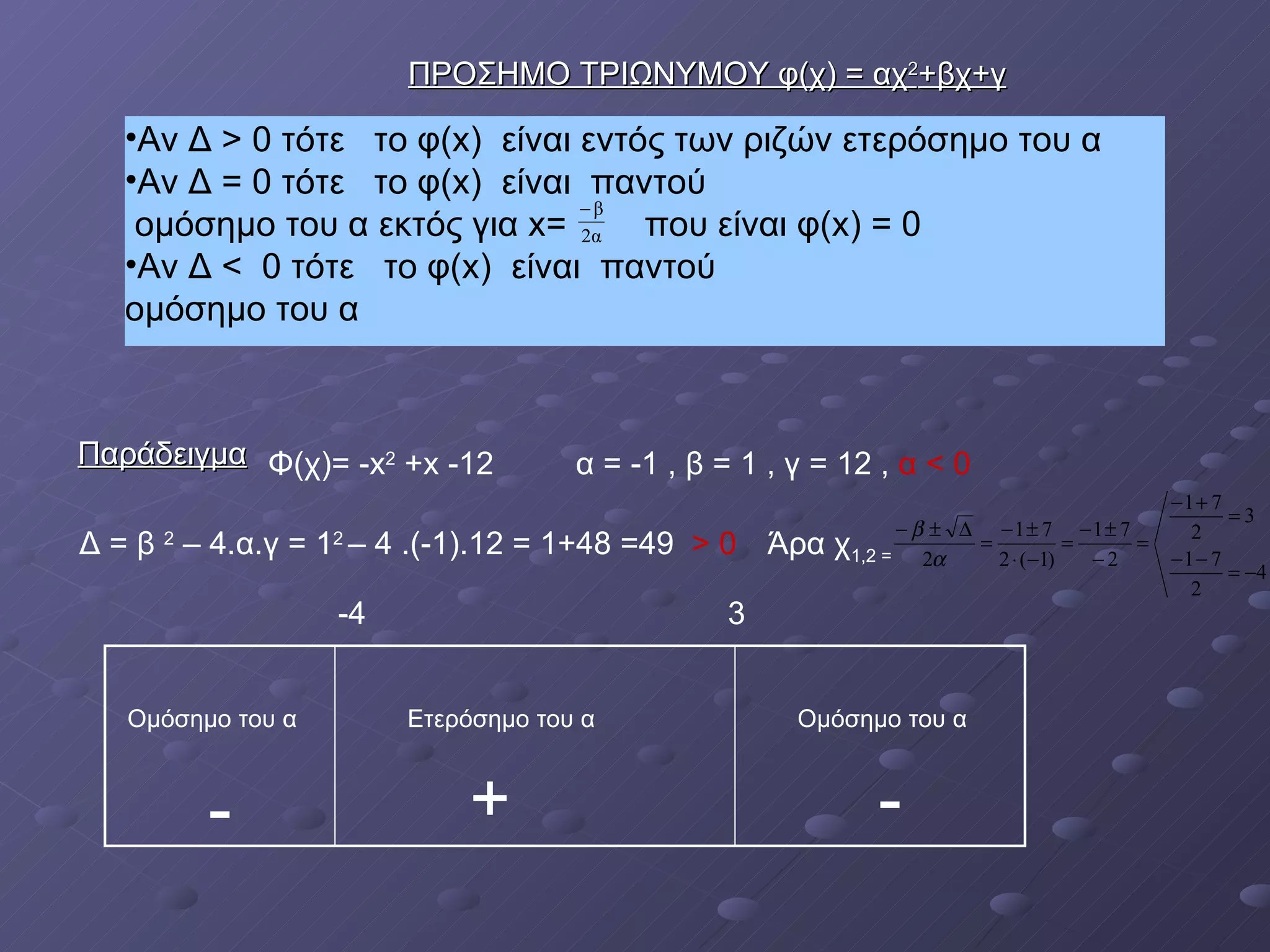 Αν Δ > 0 τότε  το φ( x )  είναι εντός των ριζών ετερόσημο του α  Αν Δ = 0 τότε  το φ( x )  είναι  παντού  ομόσημο του α εκτός για  x =  που είναι φ( x ) = 0  Αν Δ <  0 τότε  το φ( x )  είναι  παντού  ομόσημο του α Παράδειγμα ΠΡΟΣΗΜΟ ΤΡΙΩΝΥΜΟΥ φ(χ) = αχ 2 +βχ+γ Φ(χ)= - x 2   + x  -12 α = -1 , β = 1 , γ = 12 ,  α < 0 Δ = β  2  – 4.α.γ = 1 2  – 4 .(-1).12 = 1+48 =49  > 0   Άρα χ 1,2 =  3 Ομόσημο του α Ετερόσημο του α Ομόσημο του α - + - -4 