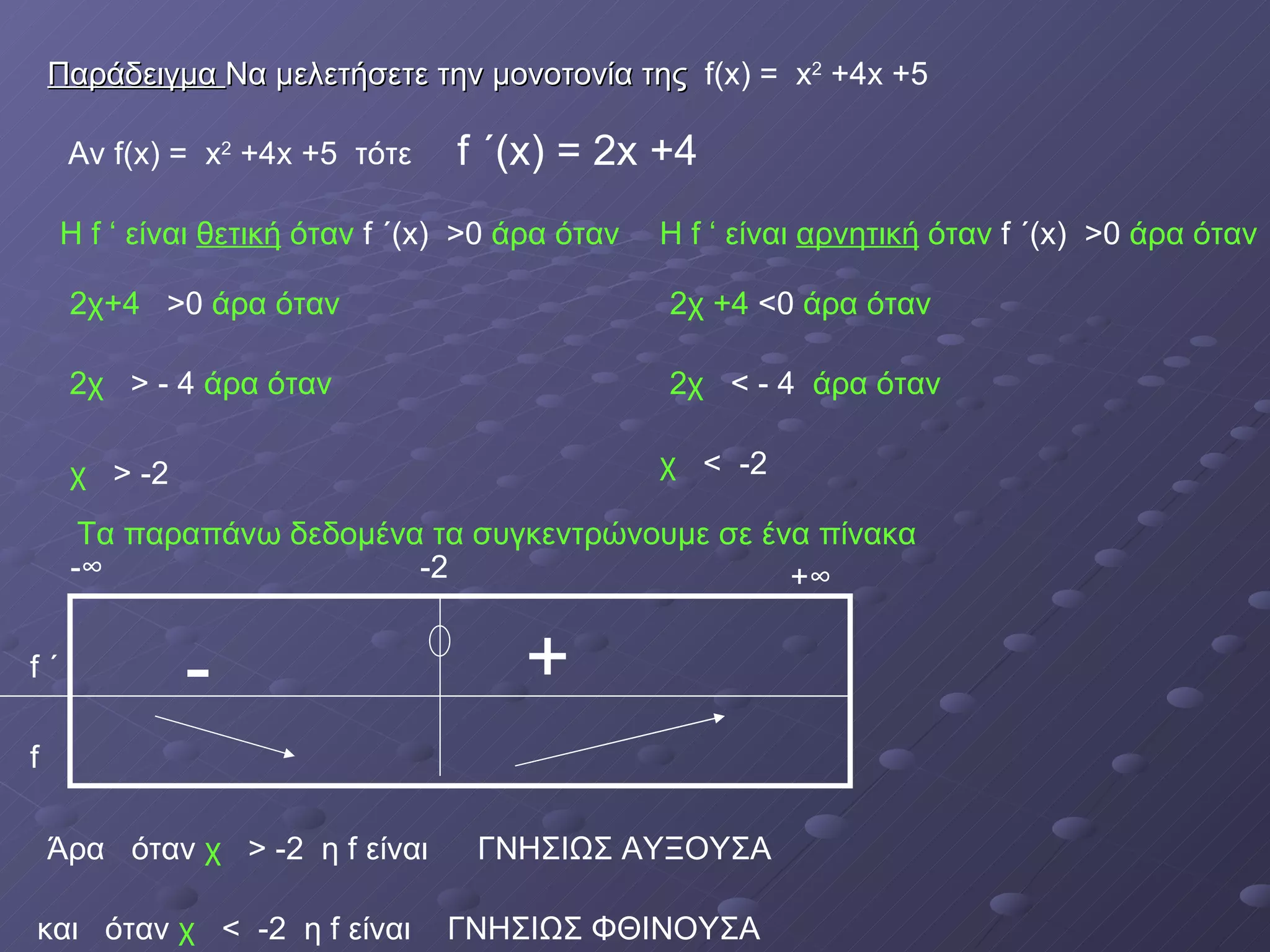 Παράδειγμα   Να μελετήσετε την μονοτονία της  f(x) =  x 2   + 4x +5  Αν  f(x) =  x 2   + 4x +5  τότε f  ΄( x) = 2x +4 Η  f  ‘   είναι  θετική  όταν  f  ΄( x)   >0  άρα όταν 2χ+4  >0  άρα όταν 2χ  > - 4  άρα όταν χ  > -2 Η  f  ‘   είναι  αρνητική  όταν  f  ΄( x)   >0  άρα όταν 2χ +4  <0  άρα όταν 2χ  < - 4  άρα όταν χ  <  -2  Τα παραπάνω δεδομένα τα συγκεντρώνουμε σε ένα πίνακα - + Άρα  όταν  χ  > -2  η  f  είναι  ΓΝΗΣΙΩΣ ΑΥΞΟΥΣΑ και  όταν  χ  <  -2  η  f  είναι  ΓΝΗΣΙΩΣ ΦΘΙΝΟΥΣΑ -∞ +∞ f  ΄ f -2 