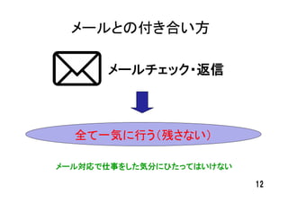 メールとの付き合い方

      メールチェック・返信



  全て一気に行う（残さない）

メール対応で仕事をした気分にひたってはいけない

                          12
 
