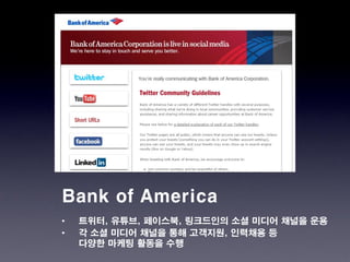 Bank of America
•   트위터, 유튜브, 페이스북, 링크드인의 소셜 미디어 채널을 운용
•   각 소셜 미디어 채널을 통해 고객지원, 인력채용 등
    다양한 마케팅 활동을 수행
 