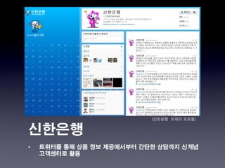 [신한은행 트위터 프로필]


신한은행
•   트위터를 통해 상품 정보 제공에서부터 간단한 상담까지 신개념
    고객센터로 활용
 