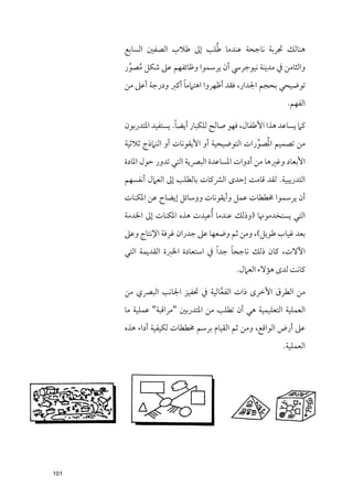 ‫ﹸ‬
      ‫ﻫﻨﺎﻟﻚ ﲡﺮﺑﺔ ﻧﺎﺟﺤﺔ ﻋﻨﺪﻣﺎ ﻃﻠﺐ إﱃ ﻃﻼب اﻟﺼﻔﲔ اﻟﺴﺎﺑﻊ‬
      ‫ﻭاﻟﺜﺎﻣﻦ ﰲ ﻣﺪﻳﻨﺔ ﻧﻴﻮﺟﺮﳼ أﻥ ﻳﺮﺳﻤﻮا ﻭﻇﺎﺋﻔﻬﻢ ﻋﲆ ﺷﻜﻞ ﻣﺼﻮر‬
       ‫ﹸ ﱠ‬
                       ‫ﹰ‬
      ‫ﺗﻮﺿﻴﺤﻲ ﺑﺤﺠﻢ اﳉﺪار, ﻓﻘﺪ أﻇﻬﺮﻭا اﻫﺘﲈﻣﺎ أﻛﱪ ﻭدرﺟﺔ أﻋﲆ ﻣﻦ‬
                                                          ‫اﻟﻔﻬﻢ.‬

                       ‫ﹰ‬
      ‫ﻛﲈ ﻳﺴﺎﻋﺪ ﻫﺬا اﻷﻃﻔﺎﻝ, ﻓﻬﻮ ﺻﺎﻟﺢ ﻟﻠﻜﺒﺎر أﻳﻀﺎ. ﻳﺴﺘﻔﻴﺪ اﳌﺘﺪرﺑﻮﻥ‬

                                               ‫ﹸ ﱠ‬
      ‫ﻣﻦ ﺗﺼﻤﻴﻢ اﳌﺼﻮرات اﻟﺘﻮﺿﻴﺤﻴﺔ أﻭ اﻷﻳﻘﻮﻧﺎت أﻭ اﻟﻨﲈذج ﺛﻼﺛﻴﺔ‬
      ‫اﻷﺑﻌﺎد ﻭﻏﲑﻫﺎ ﻣﻦ أدﻭات اﳌﺴﺎﻋﺪة اﻟﺒﴫﻳﺔ اﻟﺘﻲ ﺗﺪﻭر ﺣﻮﻝ اﳌﺎدة‬
      ‫اﻟﺘﺪرﻳﺒﻴﺔ. ﻟﻘﺪ ﻗﺎﻣﺖ إﺣﺪ￯ اﻟﴩﻛﺎت ﺑﺎﻟﻄﻠﺐ إﱃ اﻟﻌﲈﻝ أﻧﻔﺴﻬﻢ‬
      ‫أﻥ ﻳﺮﺳﻤﻮا ﳐﻄﻄﺎت ﻋﻤﻞ ﻭأﻳﻘﻮﻧﺎت ﻭﻭﺳﺎﺋﻞ إﻳﻀﺎح ﻋﻦ اﳌﻜﻨﺎت‬
      ‫اﻟﺘﻲ ﻳﺴﺘﺨﺪﻣﻮﳖﺎ )ﻭذﻟﻚ ﻋﻨﺪﻣﺎ ﹸأﻋﻴﺪت ﻫﺬﻩ اﳌﻜﻨﺎت إﱃ اﳋﺪﻣﺔ‬
      ‫ﺑﻌﺪ ﻏﻴﺎب ﻃﻮﻳﻞ(, ﻭﻣﻦ ﺛﻢ ﻭﺿﻌﻬﺎ ﻋﲆ ﺟﺪراﻥ ﻏﺮﻓﺔ اﻹﻧﺘﺎج ﻭﻋﲆ‬
      ‫اﻵﻻت, ﻛﺎﻥ ذﻟﻚ ﻧﺎﺟﺤﺎ ﺟﺪ ﹰا ﰲ اﺳﺘﻌﺎدة اﳋﱪة اﻟﻘﺪﻳﻤﺔ اﻟﺘﻲ‬
                                        ‫ﹰ‬
                                         ‫ﻛﺎﻧﺖ ﻟﺪ￯ ﻫﺆﻻء اﻟﻌﲈﻝ.‬

      ‫ﻣﻦ اﻟﻄﺮﻕ اﻷﺧﺮ￯ ذات اﻟﻔﻌﺎﻟﻴﺔ ﰲ ﲢﻔﻴﺰ اﳉﺎﻧﺐ اﻟﺒﴫﻱ ﻣﻦ‬
                                ‫ﱠ‬
      ‫اﻟﻌﻤﻠﻴﺔ اﻟﺘﻌﻠﻴﻤﻴﺔ ﻫﻲ أﻥ ﺗﻄﻠﺐ ﻣﻦ اﳌﺘﺪرﺑﲔ "ﻣﺮاﻗﺒﺔ" ﻋﻤﻠﻴﺔ ﻣﺎ‬
      ‫ﻋﲆ أرض اﻟﻮاﻗﻊ, ﻭﻣﻦ ﺛﻢ اﻟﻘﻴﺎﻡ ﺑﺮﺳﻢ ﳐﻄﻄﺎت ﻟﻜﻴﻔﻴﺔ أداء ﻫﺬﻩ‬
                                                        ‫اﻟﻌﻤﻠﻴﺔ.‬




‫101‬
 