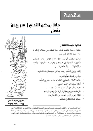 ‫ﻣﻘﺪﻣﺔ‬
‫‪‬א‪‬א‪‬‬
                     ‫‪ ‬‬


                                                                          ‫ﺍﻟﻐﺎﻳﺔ ﻣﻦ ﻫﺬﺍ ﺍﻟﻜﺘﺎﺏ‬
                                 ‫ﳎﺪد ﹰا, إﻥ ﳍﺬا اﻟﻜﺘﺎب ﻏﺎﻳﺔ ﻭاﺣﺪة ﻓﻘﻂ, ﻭﻫﻲ اﳌﺴﺎﳘﺔ ﰲ ﺗﻌﺰﻳﺰ‬
                                                                          ‫ﺳﻌﺎدﺗﻚ ﻭﻛﻔﺎءﺗﻚ ﻛﻤﺪرب .‬
                                                                           ‫١‬




                                 ‫ﻳﺮﻏﺐ اﻟﻜﺘﺎب أﻥ ﻳﺴﲑ ﺑﻚ ﺧﺎرج اﻷﻃﺮ اﳊﺎﻟﻴﺔ ﻷﺳﺎﻟﻴﺐ‬
                                 ‫اﻟﺘﺪرﻳﺐ, ﻟﻠﻮﺻﻮﻝ إﱃ ﻓﻬﻢ ﺟﺪﻳﺪ ﻳﻜﺮس ﻧﻔﺴﻪ ﻟﺘﺰﻭﻳﺪﻙ ﺑﺎﻟﻄﺎﻗﺔ‬
                                                                  ‫ﻭاﻹﺑﺪاع اﳌﺴﺘﻤﺮ ﻭاﻟﻨﺠﺎح ﰲ اﻟﻌﻤﻞ.‬
                                                                           ‫ﹸﹶ ﱠ ﹰ‬
                                        ‫إﻟﻴﻚ ﻓﻴﲈ ﻳﲇ ﻣﻠﺨﺼﺎ ﻭاﺳﻌﺎ ﺟﺪ ﹰا ﻋﲈ ﺳﺘﺠﺪﻩ ﰲ ﻫﺬا اﻟﻜﺘﺎب:‬
                                                                     ‫ﹰ‬
                                                                                 ‫ﱡ‬
                                                                         ‫• ﻣﺒﺎدئ ﻭﻓﻠﺴﻔﺔ اﻟﺘﻌﻠﻢ اﻟﴪﻳﻊ.‬
                                            ‫ﱡ‬
                                          ‫• ﻣﺌﺎت اﻷﻓﻜﺎر ﻭاﻟﻨﺼﺎﺋﺢ ﻭاﻟﺘﻘﻨﻴﺎت ﻟﺘﻌﺰﻳﺰ ﻭﺗﴪﻳﻊ اﻟﺘﻌﻠﻢ.‬
                                                                            ‫ﱡ‬
                                                                 ‫• أﻣﺜﻠﺔ ﺗﻄﺒﻴﻘﻴﺔ ﻋﻦ اﻟﺘﻌﻠﻢ اﻟﴪﻳﻊ.‬
                                                                       ‫ﱡ‬              ‫ﹸﱢ‬
                                                         ‫• ﻧﻈﺮة ﻫﻴﻜﻠﻴﺔ ﻋﲆ آﻟﻴﺔ اﻟﺘﻌﻠﻢ ﻋﻨﺪ اﻹﻧﺴﺎﻥ.‬
                                                                         ‫ﹶﱢ‬
                                                ‫• ﻃﺮﻳﻘﺔ ﺗﺼﻤﻴﻢ ﴎﻳﻌﺔ ﹸﺗﻮﻓﺮ اﻟﻮﻗﺖ ﰲ إﻧﺠﺎز اﻟﱪاﻣﺞ.‬
                                                                              ‫ﱡ ﹸ‬
                                                     ‫• أﻓﻜﺎر ﻟﺘﻌﺰﻳﺰ اﻟﺘﻌﻠﻢ اﳌﻌﺘﻤﺪ ﻋﲆ اﻟﺘﻜﻨﻮﻟﻮﺟﻴﺎ.‬
                                                                          ‫• ﻣﺼﺎدر ﳌﺴﺎﻋﺪﺗﻚ ﰲ ﻋﻤﻠﻚ.‬


                                                                                                            ‫١‬
‫ﻣﻦ اﳌﻬﻢ اﻹﺷﺎرة إﻟﻰ أن اﻟﻜﻠﻤﺔ اﳌﺴﺘﺨﺪﻣﺔ ﻟﻮﺻﻒ اﳌﺪرب ﻓﻲ اﻟﻨﺴﺨﺔ اﻷﺻﻠﻴﺔ ﻣﻦ ﻫﺬا اﻟﻜﺘﺎب ﻫﻲ "‪ ،"Facilitator‬وﻫﻲ‬
‫ﻣﺎ دُرِج ﻋﻠﻰ ﺗﺮﺟﻤﺘﻪ ﻓﻲ اﻷدﺑﻴﺎت اﻟﻌﺮﺑﻴﺔ ﻓﻲ ﻣﻮﺿﻮع اﻟﺘﺪرﻳﺐ ﲟﺼﻄﻠﺢ "ﻣﺴﻬﻞ اﻟﺘﺪرﻳﺐ". ارﺗﺄت ﻫﻴﺌﺔ اﻟﺘﺤﺮﻳﺮ اﺧﺘﻴﺎر‬
                                     ‫ﱢ‬                                                                 ‫َ‬
‫ﻣﺼﻄﻠﺢ ﻣﺪرﱢب ﻟﻠﺘﻌﺒﻴﺮ ﻋﻦ ‪ Facilitator‬ﻓﻲ اﻟﻨﺴﺨﺔ اﻟﻌﺮﺑﻴﺔ ﻟﻠﺘﻌﻠﻢ اﻟﺴﺮﻳﻊ، وذﻟﻚ ﺗﻮﺧﻴﺎ ً ﻟﻠﺘﺒﺴﻴﻂ ﻋﻠﻰ اﻟﻘﺎرئ اﻟﻌﺮﺑﻲ‬
                                                     ‫واﳊﻔﺎظ ﻋﻠﻰ ﺳﻴﺎق اﻟﻠﻐﺔ اﻟﻌﺮﺑﻴﺔ، ﻟﺬا وﺟﺐ اﻟﺘﻨﻮﻳﻪ. )اﳌﺘﺮﺟﻢ(‬




    ‫52‬
 