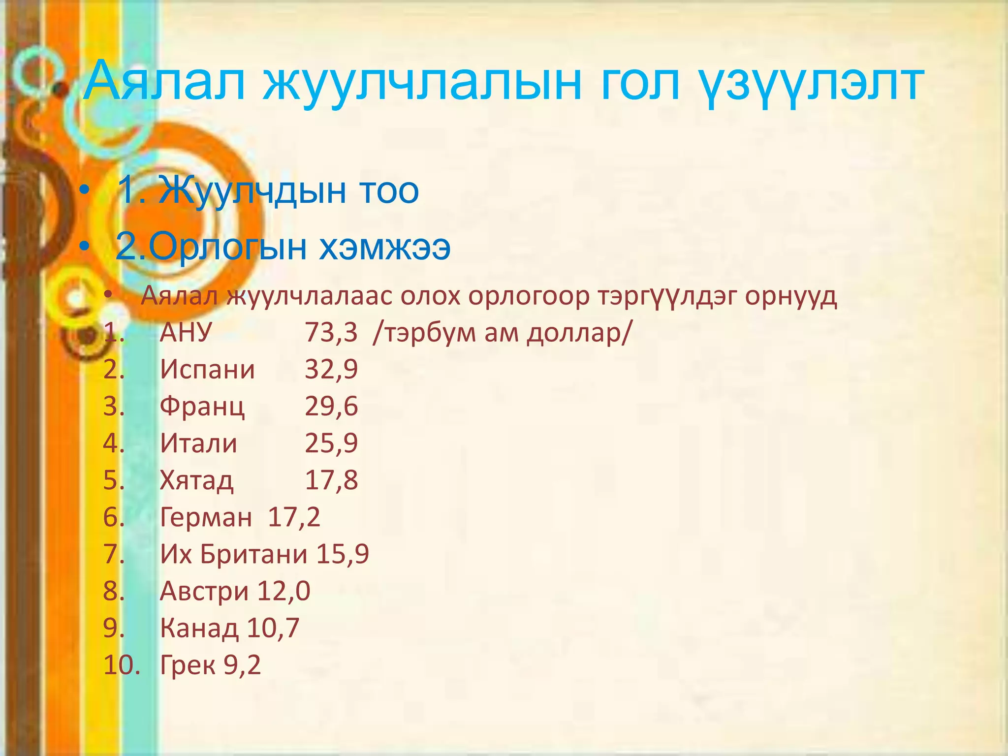 Аялал жуулчлалын гол үзүүлэлт
• 1. Жуулчдын тоо
• 2.Орлогын хэмжээ
 • Аялал жуулчлалаас олох орлогоор тэргүүлдэг орнууд
 1. АНУ        73,3 /тэрбум ам доллар/
 2. Испани     32,9
 3. Франц      29,6
 4. Итали      25,9
 5. Хятад      17,8
 6. Герман 17,2
 7. Их Британи 15,9
 8. Австри 12,0
 9. Канад 10,7
 10. Грек 9,2
 