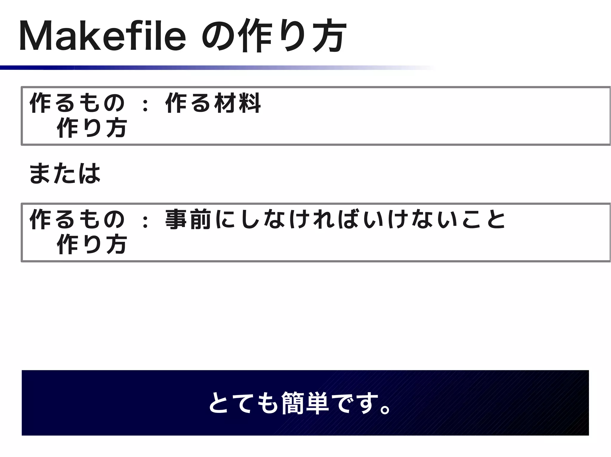 Makefile の作り方
作るもの : 作る材料
 作り方
または
作るもの : 事前にしなければいけないこと
 作り方




        とても簡単です。
 