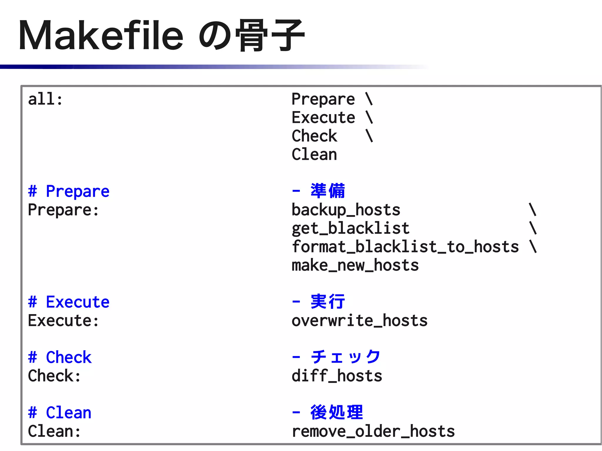 Makefile の骨子
all:        Prepare 
            Execute 
            Check   
            Clean

# Prepare   - 準備
Prepare:    backup_hosts              
            get_blacklist             
            format_blacklist_to_hosts 
            make_new_hosts

# Execute   - 実行
Execute:    overwrite_hosts

# Check     - チェック
Check:      diff_hosts

# Clean     - 後処理
Clean:      remove_older_hosts
 