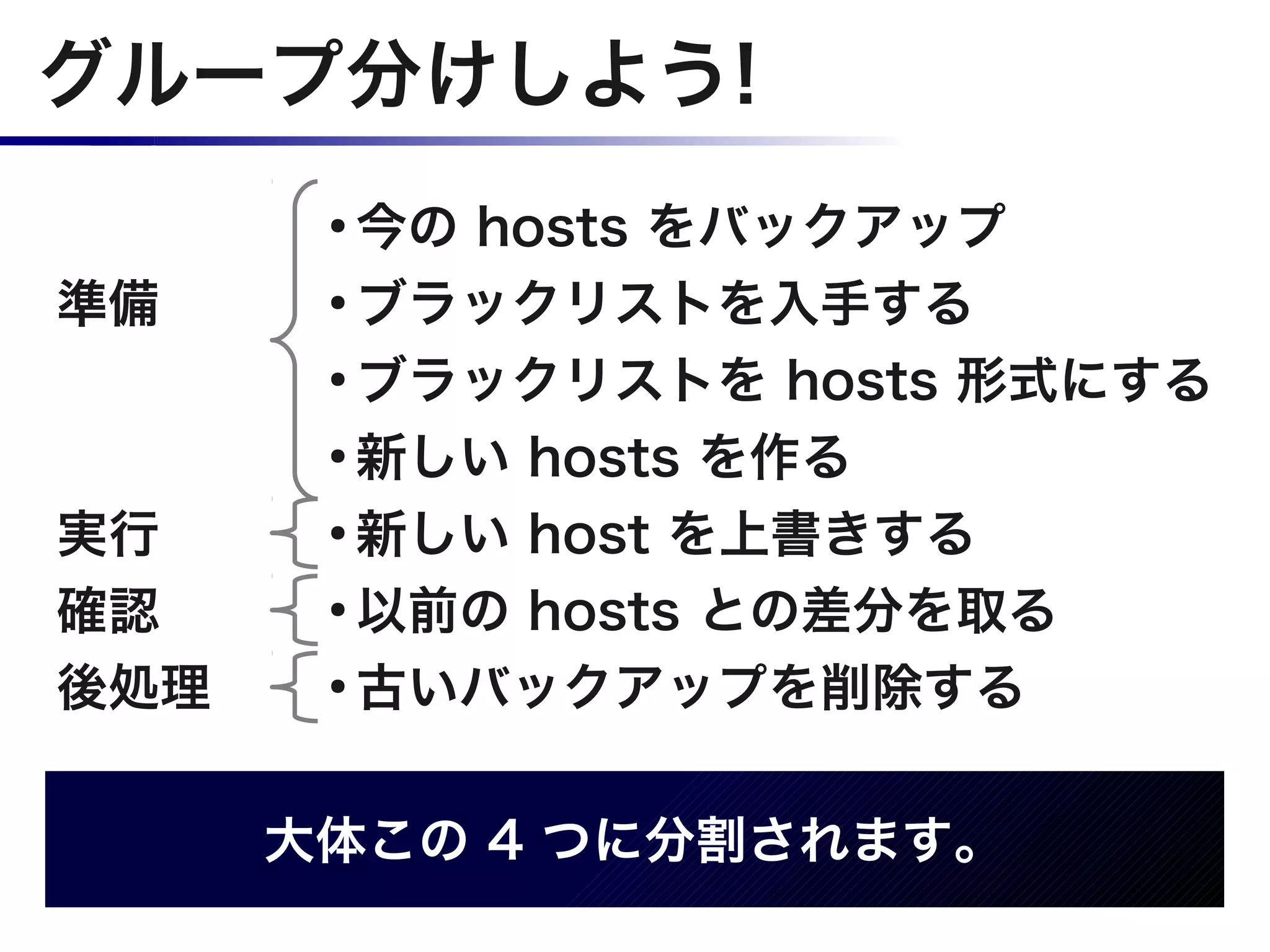 グループ分けしよう!
       ●
         今の hosts をバックアップ
準備     ●
         ブラックリストを入手する
       ●
         ブラックリストを hosts 形式にする
       ●
         新しい hosts を作る
実行     ●
         新しい host を上書きする
確認     ●
         以前の hosts との差分を取る
後処理    ●
         古いバックアップを削除する

      大体この 4 つに分割されます。
 