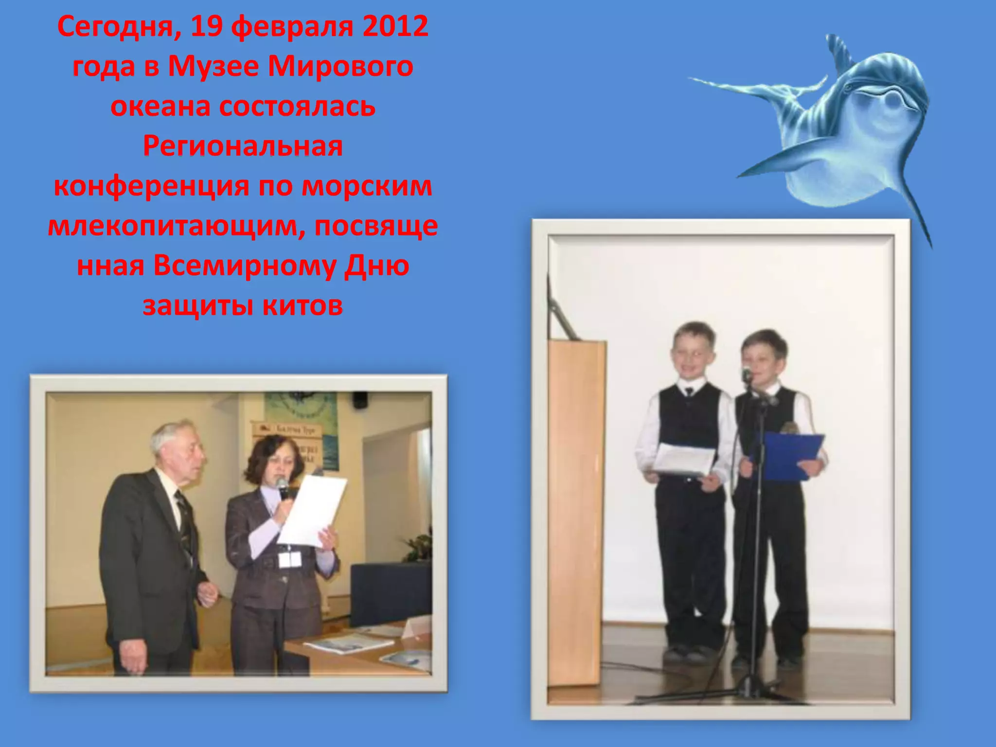 Сегодня, 19 февраля 2012
 года в Музее Мирового
   океана состоялась
      Региональная
конференция по морским
млекопитающим, посвяще
 нная Всемирному Дню
      защиты китов
 