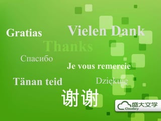 Gratias       Vielen Dank
          Thanks
  Спасибо
              Je vous remercie
 Tänan teid          Dziękuję

            谢谢
 