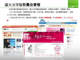 盛大文学版权整合营销
 对成功售出影视版权的作品，盛大文学将整合集团资源，与影视公司携手，全程推广宣传。
 具体宣传方式包括：同期制作相关专题、云中书城、新闻软文配合，结合微博传销推广、安排
作者媒体专访、病毒视频营销等等。
 打通线上线下各个平台，配合各子站宣传，完成整合营销传播，产生协同效应，最大化作品价
值。
 