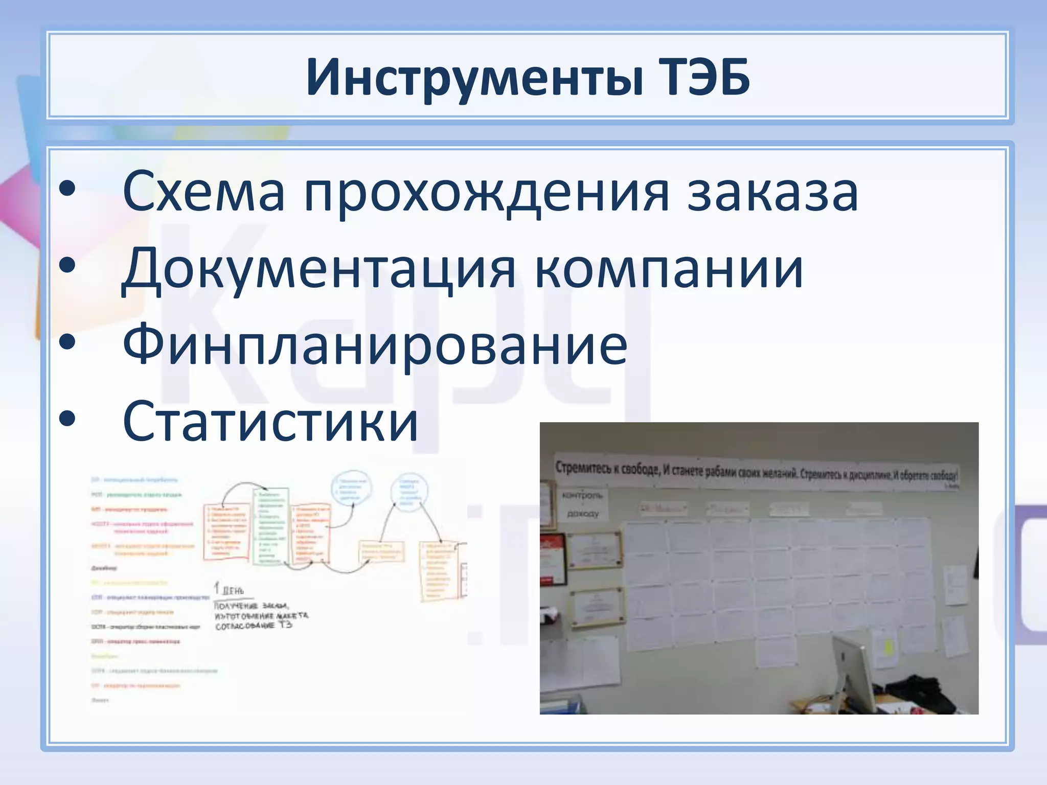 Инструменты ТЭБ
•   Схема прохождения заказа
•   Документация компании
•   Финпланирование
•   Статистики
 