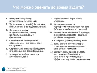 Что можно оценить во время аудита?

1. Восприятие характера                7. Оценка образа первых лиц
   происходящих изменений.                 компании.
2. Характер настроений (обстановки)    8. Ключевые ценности
   в компании и в ее подразделениях.       корпоративной культуры, как есть
3. Отношения между                         (общие, в разбивке по группам)
   подразделениями, между              9. Ценности корпоративной культуры
   центральным офисом и                    в желаемом формате (общие, в
   филиалами.                              разбивке по группам)
4. Основные черты внутреннего          10. Измерить разницу между ними
   образа компании в восприятии        11. Зоны внутреннего комфорта
   сотрудников                             сотрудников и их совпадения с
5. Образ компании как работодателя         ценностями компании
   и тенденции его трансформации.      12. Выявить зоны риска в области
6. Зоны риска в области потери             внутренних убеждений и
   ключевых кадров                         ценностей, препятствующих
                                           эффективному развитию компании
 