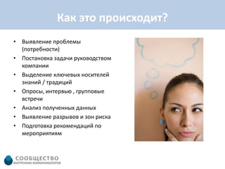 Как это происходит?
• Выявление проблемы
  (потребности)
• Постановка задачи руководством
  компании
• Выделение ключевых носителей
  знаний / традиций
• Опросы, интервью , групповые
  встречи
• Анализ полученных данных
• Выявление разрывов и зон риска
• Подготовка рекомендаций по
  мероприятиям
 