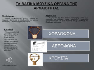Χορδόφωνα  Υπήρχαν τρεις κατηγορίες: οι λύρες - κιθάρες, τα τρίγωνα - άρπες και οι πανδουρίδες (σε μορφή ταμπουρά). Όλα τα έγχορδα ήταν νηκτά. Αερόφωνα Χωρίζονται σε δύο βασικές κατηγορίες: αυλοί (με γλωσσίδι) και σύριγγες (χωρίς γλωσσίδι). Σπανιότερα χρησιμοποιούνται και άλλα πνευστά όπως η σάλπιγξ, το κογχύλι και η ύδραυλις. Κρουστά Έχουν συνοδευτικό χαρακτήρα, κυρίως, για να τονίζουν το ρυθμό, είτε να διαμορφώνουν μια ηχητική ατμόσφαιρα. Χρησιμοποιούνται περισσότερο στις οργιαστικές λατρείες της Κυβέλης και του Διονύσου. Απόσπασμα από λύρα  