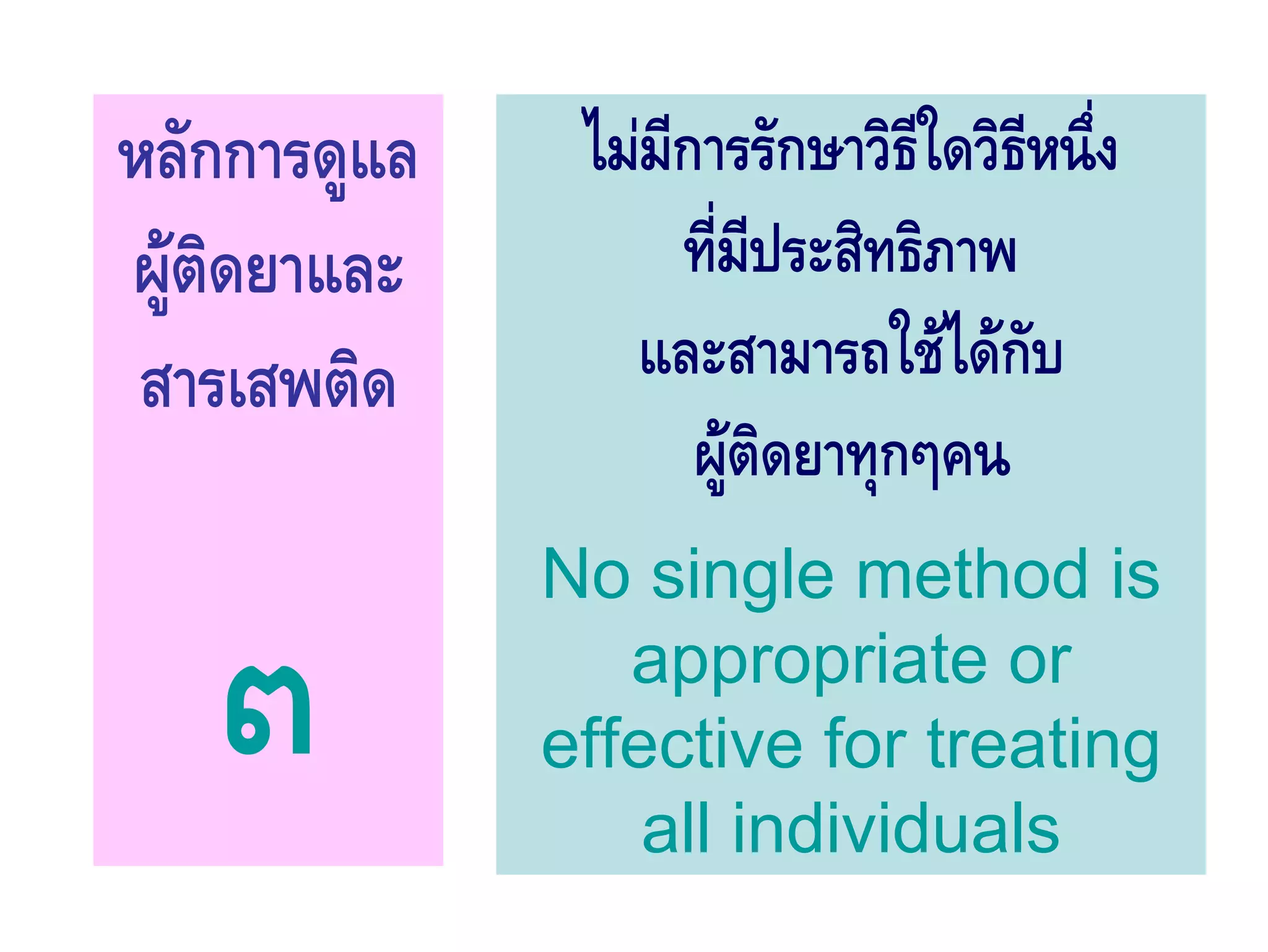 หลักการดูแล    ไมมีการรักษาวิธีใดวิธหนึ่ง
                                     ี
ผูติดยาและ         ที่มีประสิทธิภาพ
 สารเสพติด       และสามารถใชไดกับ
                     ผูติดยาทุกๆคน
              No single method is
                 appropriate or
              effective for treating
                  all individuals
 
