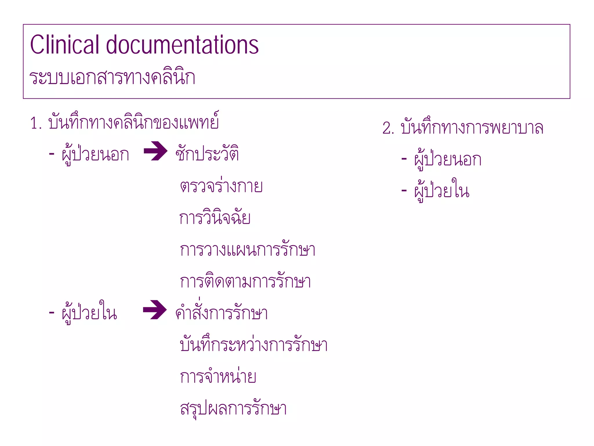 Clinical documentations
ระบบเอกสารทางคลินิก
1. บันทึกทางคลินิกของแพทย                   2. บันทึกทางการพยาบาล
   - ผูปวยนอก      ซักประวัติ                 - ผูปวยนอก
                     ตรวจรางกาย                - ผูปวยใน
                     การวินิจฉัย
                     การวางแผนการรักษา
                     การติดตามการรักษา
   - ผูปวยใน      คําสั่งการรักษา
                     บันทึกระหวางการรักษา
                     การจําหนาย
                     สรุปผลการรักษา
 