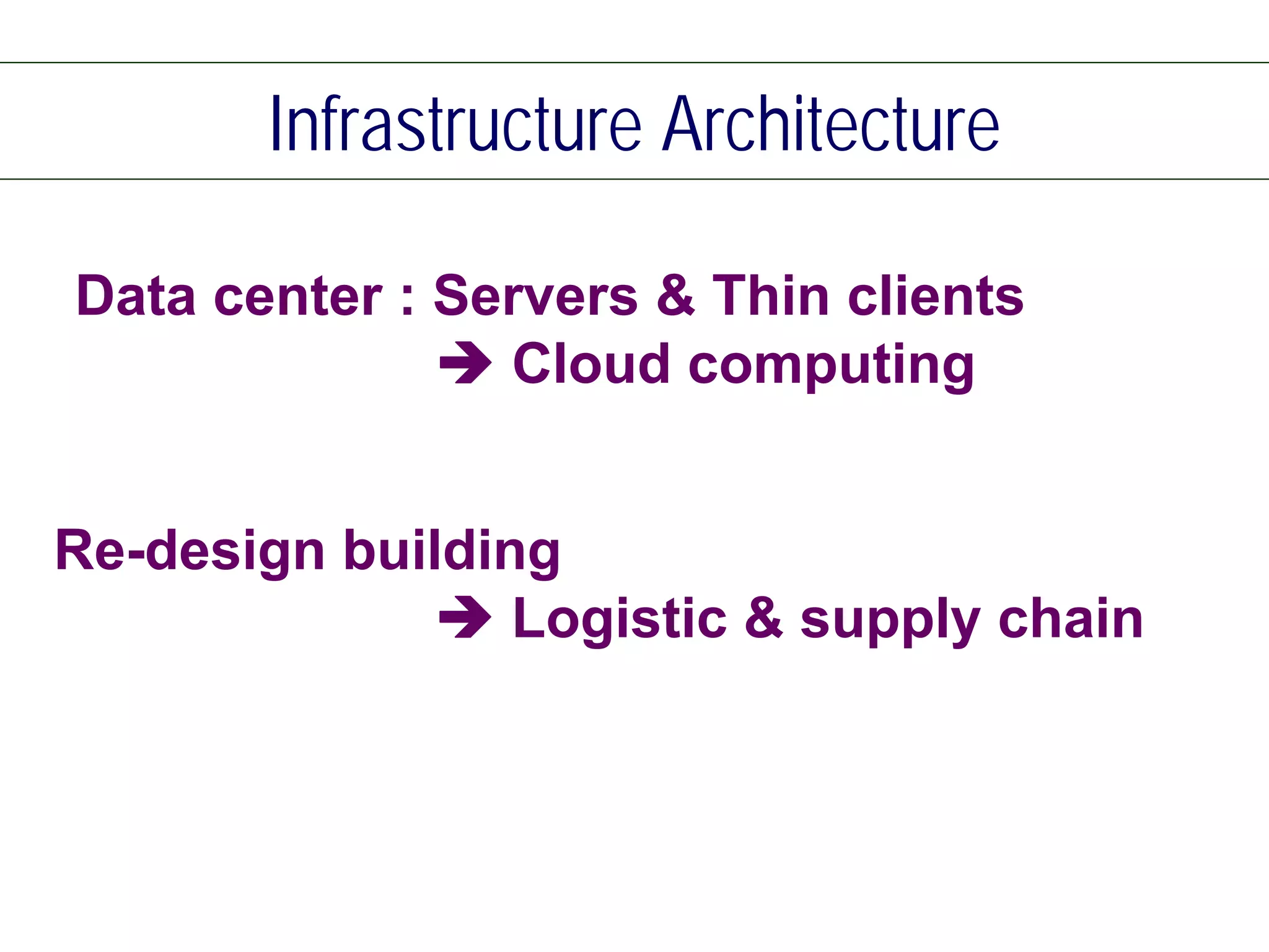 Infrastructure Architecture

Data center : Servers & Thin clients
                Cloud computing


Re-design building
                 Logistic & supply chain
 