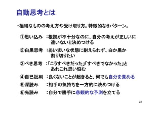自動思考とは
・極端なものの考え方や受け取り方。特徴的な６パターン。

①思い込み ：根拠が不十分なのに、自分の考えが正しいに
        違いないと決めつける
②白黒思考 ：あいまいな状態に耐えられず、白か黒か
        割り切りたい
③べき思考 ：「こうすべきだった」「すべきでなかった」と
        あれこれ思い悩む
④自己批判 ：良くないことが起きると、何でも自分を責める
⑤深読み   ：相手の気持ちを一方的に決めつける
⑥先読み   ：自分で勝手に悲観的な予測を立てる
                               22
 