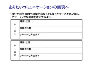 ありたいコミュニケーションの実現へ
・自分が非主張的や攻撃的になってしまったケースを思い出し、
 アサーティブな表現を考えてみよう。
     場面・状況
 ケ
 ｜   実際の行動
 ス
 ①   ｱｻｰﾃｨﾌﾞな方法は？


     場面・状況
 ケ
 ｜   実際の行動
 ス
 ②   ｱｻｰﾃｨﾌﾞな方法は？
 