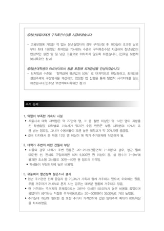 ⑤청년실업자에게 구직촉진수당을 지급하겠습니다.


 - 고용보험에 가입한 적 없는 청년실업자의 경우 구직신청 후 100일이 초과한 날로
  부터 최대 180일간 최저임금 70-80% 수준의 구직촉진수당 지급하여 청년실업이
  만성적인 실업 및 질 낮은 고용으로 이어지지 않도록 하겠습니다. (민주당 보편적
  복지특위안 참고)


 ⑥청년․대학생의 아르바이트비 등을 포함해 최저임금을 인상하겠습니다.
 - 최저임금 수준을 ‘정액급여 평균값의 50%’로 단계적으로 현실화하고, 최저임금
  결정주체와 구성방식을 개선하고, 엄정한 법 집행을 통해 탈법적 사각지대를 일소
  하겠습니다.(민주당 보편적복지특위안 참고)




주거 문제


1. 턱없이 부족한 기숙사 시설
• 섵Ӛ시내 대학 재학생은 약 27만여 명, 그 중 절반 이상인 약 14만 명이 지방출
  신 학생들임. 대학별로 기숙사가 있지만 수용 인원은 보통 재학생의 10%가 조
  금 넘는 정도임. 그나마 수용비율이 조금 높은 대학교가 약 20%가량 공급함.
• 결국 타지에서 온 학생 12만 명 이상이 매 학기 주거문제에 직면하게 됨.


2. 대학가 주변의 비싼 전월세 부담
• 섵Ӛ의 경우 대학가 주변 원룸은 20~25㎡(전용면적 7~8평)의 경우, 평균 월세
  50만원 선, 전세로 구입하려면 최저 5,000만 원 이상이 듬. 실 평수가 7~9㎡에
  불과한 초소형 고시텔도 30만~40만 원 정도의 가격임.
 • 학생들이 부담하기에 높은 비용임.


3. 유승희의 청년정책 설문조사 결과
• 청년 주거관련 전체 응답자 중 70.3%가 가족과 함께 거주하고 있으며, 이외에는 원룸,
  투룸 거주자가 21.6%로 혼자 사는 경우는 대부분 원룸에 거주하고 있음.
• 현 거주하는 주거지의 문제점으로는 과반수 이상인 50.92%가 높은 비용을 꼽았으며
  응답자가 생각하는 적절한 주거비용으로는 20~30만원이 39.39%로 가장 높았음.
• 주거실태 개선에 필요한 점 또한 주거지 가격인하와 값싼 임대주택 확대가 80%이상
  을 차지하였음.
 