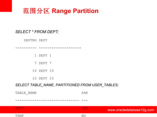 www.oracledatabase12g.com www.oracledatabase12g.com www.oracledatabase12g.com www.oracledatabase12g.com www.oracledatabase12g.com www.oracledatabase12g.com 范围分区 Range Partition SELECT * FROM DEPT; DEPTNO DEPT  ---------- --------------------  1 DEPT 1  7 DEPT 7  10 DEPT 10  15 DEPT 15 SELECT TABLE_NAME, PARTITIONED FROM USER_TABLES; TABLE_NAME  PAR  ------------------------------ ---  DEPT  YES  TEMP  NO  