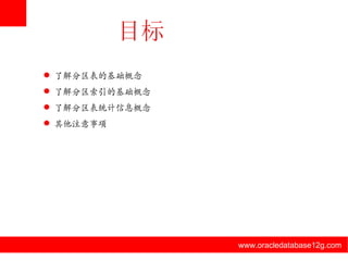 www.oracledatabase12g.com www.oracledatabase12g.com www.oracledatabase12g.com www.oracledatabase12g.com www.oracledatabase12g.com www.oracledatabase12g.com 了解分区表的基础概念 了解分区索引的基础概念 了解分区表统计信息概念 其他注意事项 
