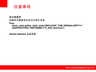 www.oracledatabase12g.com www.oracledatabase12g.com www.oracledatabase12g.com www.oracledatabase12g.com www.oracledatabase12g.com www.oracledatabase12g.com 注意事项 新加载数据 收集所有数据变化的分区统计信息 Exec dbms_stats.gather_table_stats(‘MACLEAN’,’TAB’,GRANULARITY=>’SUBPARTITION’,PARTNAME=>’P_XXX_NewYork’); Global statistics 会被更新 