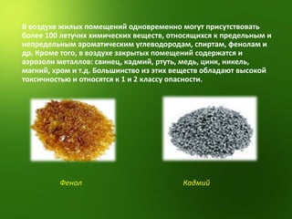В воздухе жилых помещений одновременно могут присутствовать более 100 летучих химических веществ, относящихся к предельным и непредельным ароматическим углеводородам, спиртам, фенолам и др. Кроме того, в воздухе закрытых помещений содержатся и аэрозоли металлов: свинец, кадмий, ртуть, медь, цинк, никель, магний, хром и т.д. Большинство из этих веществ обладают высокой токсичностью и относятся к 1 и 2 классу опасности.  Фенол Кадмий 