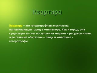 Квартира  – это гетеротрофная экосистема, напоминающая город в миниатюре. Как и город, она существует за счет поступления энергии и ресурсов извне, а ее главные обитатели – люди и животные -  гетеротрофы. Квартира 