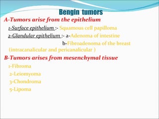 Bengin  tumors A-Tumors arise from the epithelium 1-Surface epithelium  :-  Squamous cell papilloma 2-Glandular epithelium  :- a- Adenoma of intestine  b- Fibroadenoma of the breast (intracanalicular and pericanalicular ) B-Tumors arises from mesenchymal tissue 1-Fibroma  2-Leiomyoma 3-Chondroma 5-Lipoma 