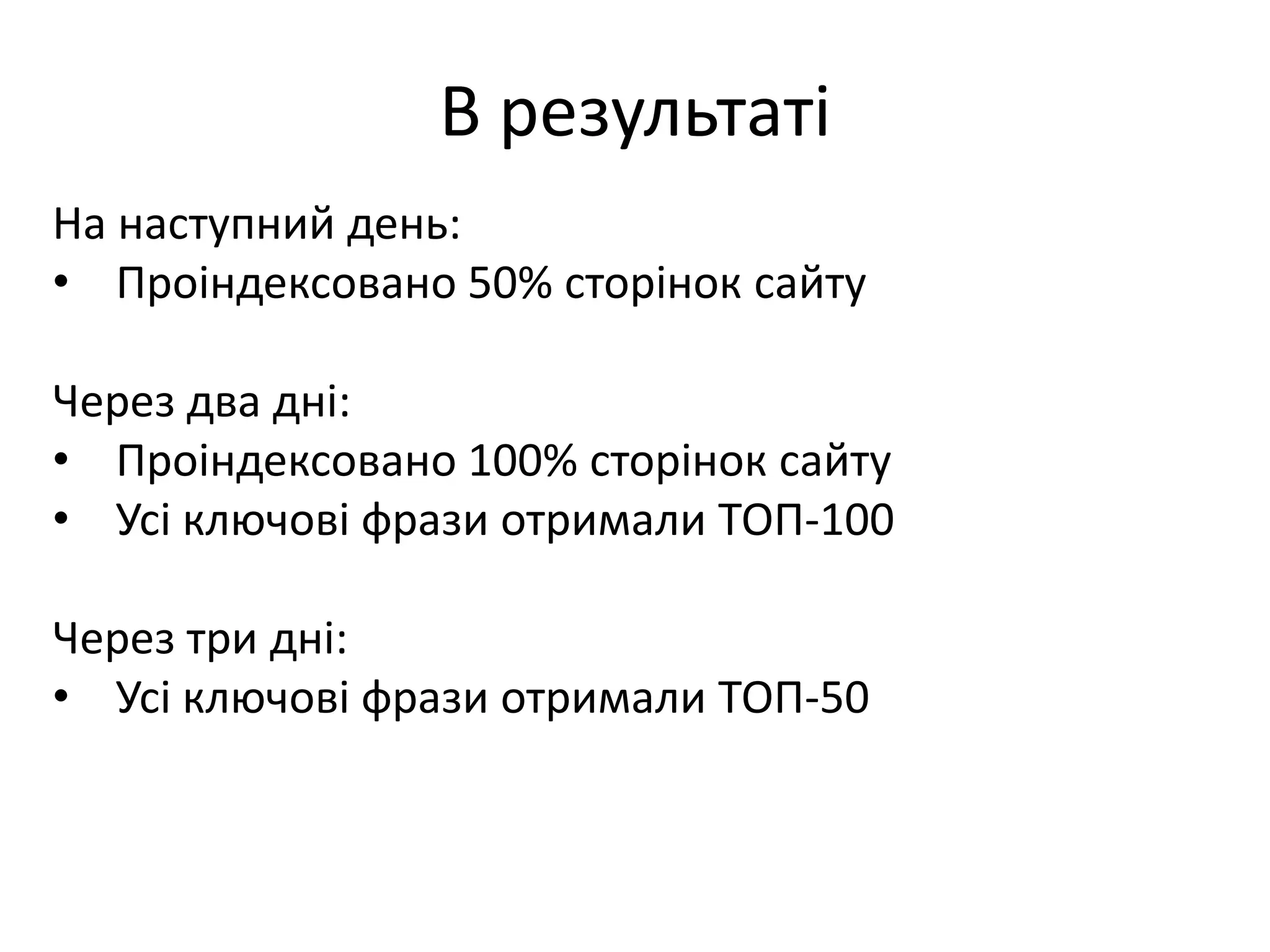 В результаті
На наступний день:
• Проіндексовано 50% сторінок сайту

Через два дні:
• Проіндексовано 100% сторінок сайту
• Усі ключові фрази отримали ТОП-100

Через три дні:
• Усі ключові фрази отримали ТОП-50
 