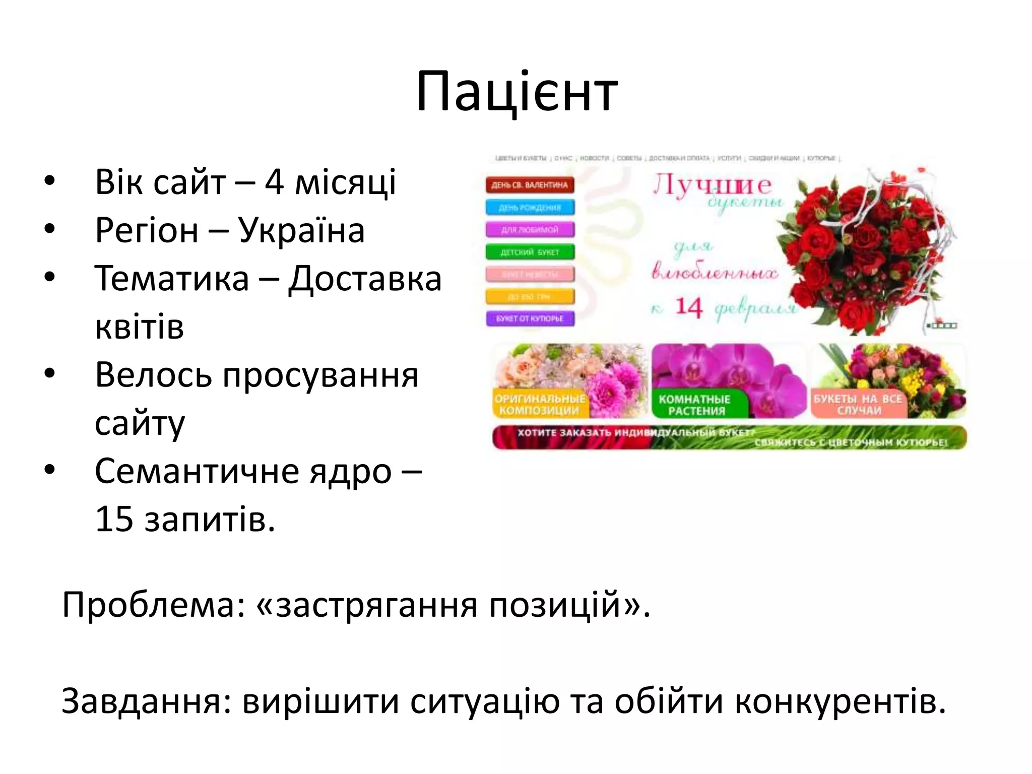 Пацієнт
• Вік сайт – 4 місяці
• Регіон – Україна
• Тематика – Доставка
  квітів
• Велось просування
  сайту
• Семантичне ядро –
  15 запитів.

Проблема: «застрягання позицій».

Завдання: вирішити ситуацію та обійти конкурентів.
 