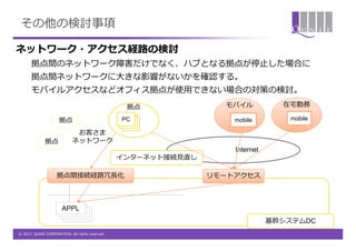 その他の検討事項

ネットワーク・アクセス経路の検討
      拠点間のネットワーク障害だけでなく、ハブとなる拠点が停止した場合に
      拠点間ネットワークに大きな影響がないかを確認する。
      モバイルアクセスなどオフィス拠点が使用できない場合の対策の検討。
                                                  拠点              モバイル           在宅勤務

                     拠点                          PC                 mobile         mobile
                                                  PC
                                                   PC
                             お客さま
              拠点            ネットワーク
                                                                    Internet
                                                 インターネット接続見直し

                    拠点間接続経路冗長化                                  リモートアクセス



                       APPL
                        ERP
                         ERP
                          ERP
                                                                               基幹システムDC
© 2012 QUNIE CORPORATION. All rights reserved.
 