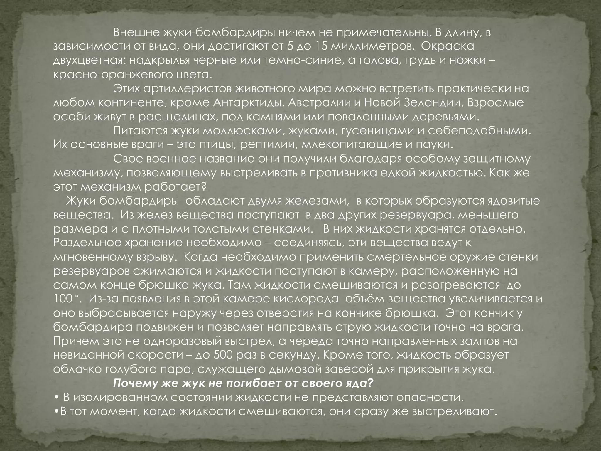 Внешне жуки-бомбардиры ничем не примечательны. В длину, в
зависимости от вида, они достигают от 5 до 15 миллиметров. Окраска
двухцветная: надкрылья черные или темно-синие, а голова, грудь и ножки –
красно-оранжевого цвета.
           Этих артиллеристов животного мира можно встретить практически на
любом континенте, кроме Антарктиды, Австралии и Новой Зеландии. Взрослые
особи живут в расщелинах, под камнями или поваленными деревьями.
           Питаются жуки моллюсками, жуками, гусеницами и себеподобными.
Их основные враги – это птицы, рептилии, млекопитающие и пауки.
           Свое военное название они получили благодаря особому защитному
механизму, позволяющему выстреливать в противника едкой жидкостью. Как же
этот механизм работает?
  Жуки бомбардиры обладают двумя железами, в которых образуются ядовитые
вещества. Из желез вещества поступают в два других резервуара, меньшего
размера и с плотными толстыми стенками. В них жидкости хранятся отдельно.
Раздельное хранение необходимо – соединяясь, эти вещества ведут к
мгновенному взрыву. Когда необходимо применить смертельное оружие стенки
резервуаров сжимаются и жидкости поступают в камеру, расположенную на
самом конце брюшка жука. Там жидкости смешиваются и разогреваются до
100 °. Из-за появления в этой камере кислорода объѐм вещества увеличивается и
оно выбрасывается наружу через отверстия на кончике брюшка. Этот кончик у
бомбардира подвижен и позволяет направлять струю жидкости точно на врага.
Причем это не одноразовый выстрел, а череда точно направленных залпов на
невиданной скорости – до 500 раз в секунду. Кроме того, жидкость образует
облачко голубого пара, служащего дымовой завесой для прикрытия жука.
           Почему же жук не погибает от своего яда?
• В изолированном состоянии жидкости не представляют опасности.
•В тот момент, когда жидкости смешиваются, они сразу же выстреливают.
 