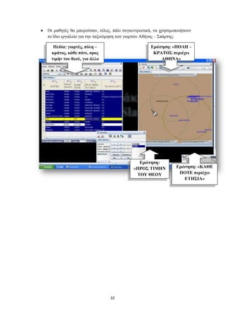 Οη καζεηέο ζα κπνξνύζαλ, ηέινο, πάιη ζπγθεληξσηηθά, λα ρξεζηκνπνηήζνπλ
ην ίδην εξγαιείo γηα ηελ ηαμηλόκεζε ησλ γηνξηώλ Αζήλαο – ΢πάξηεο:

  Πεδία: γηνξηέο, πόιε –                          Δξώηεζε: «ΠΟΛΗ –
 θξάηνο, θάζε πόηε, πξνο                           ΚΡΑΣΟ΢ πεξηέρεη
 ηηκήλ ηνπ ζενύ, γηα άιιν                             ΑΘΗΝΑ»
           ιόγν




                                            Δξώηεζε:
                                          «ΠΡΟ΢ ΣΙΜΗΝ         Δξώηεζε: «ΚΑΘΔ
                                           ΣΟΤ ΘΔΟΤ            ΠΟΣΔ πεξηέρεη
                                             πεξηέρεη            ΔΣΗ΢ΙΑ»
                                            ΑΘΗΝΑ»




                              32
 