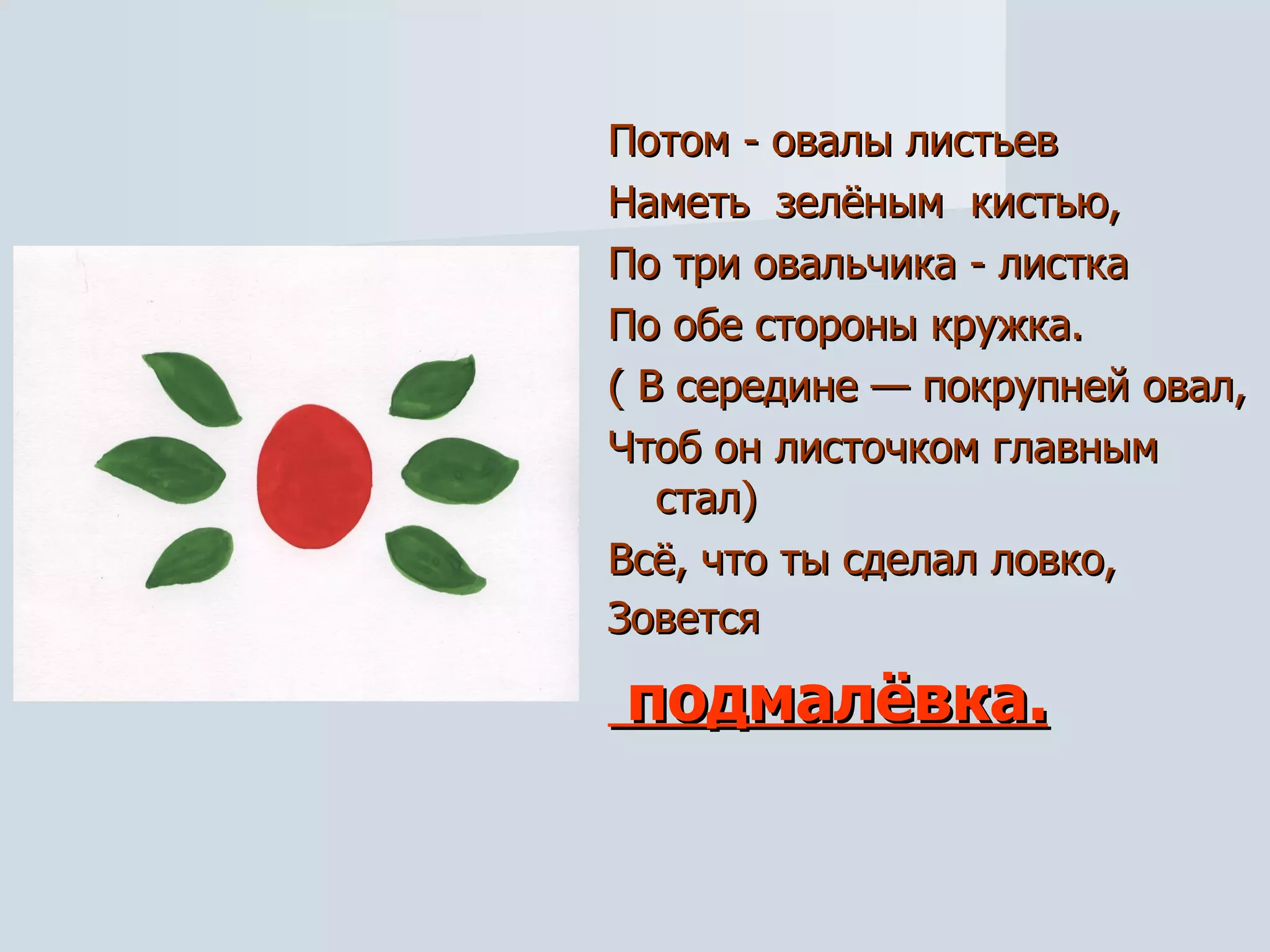 Потом - овалы листьев Наметь  зелёным  кистью, По три овальчика - листка По обе стороны кружка. ( В середине — покрупней овал, Чтоб он листочком главным стал) Всё, что ты сделал ловко, Зовется   подмалёвка. 