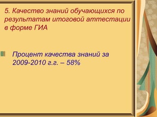 5. Качество знаний обучающихся по результатам итоговой аттестации в форме ГИА Процент качества знаний за 2009-2010 г.г. –  58% 