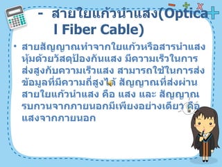 -  สายใยแก้วนำแสง ( Optical Fiber Cable)  สายสัญญาณทำจากใยแก้วหรือสารนำแสงหุ้มด้วยวัสดุป้องกันแสง มีความเร็วในการส่งสูงกับความเร็วแสง สามารถใช้ในการส่งข้อมูลที่มีความถี่สูงได้ สัญญาณที่ส่งผ่านสายใยแก้วนำแสง คือ แสง และ สัญญาณรบกวนจากภายนอกมีเพียงอย่างเดียว คือ แสงจากภายนอก  