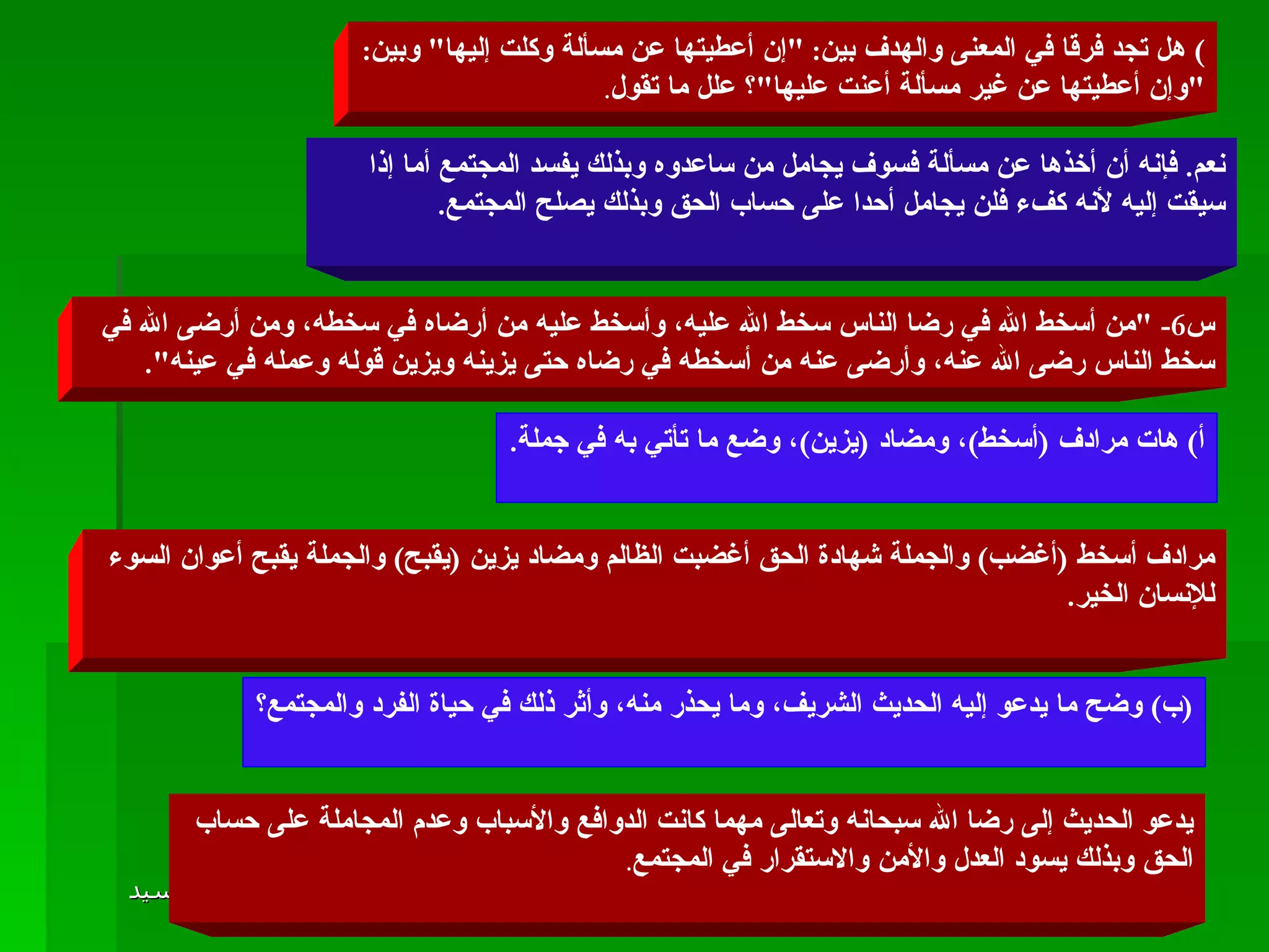 )  هل تجد فرقا في المعنى والهدف بين : " إن أعطيتها عن مسألة وكلت إليها "  وبين : " وإن أعطيتها عن غير مسألة أعنت عليها " ؟ علل ما تقول .   نعم .  فإنه أن أخذها عن مسألة فسوف يجامل من ساعدوه وبذلك يفسد المجتمع أما إذا سيقت إليه لأنه كفء فلن يجامل أحدا على حساب الحق وبذلك يصلح المجتمع . س 6- " من أسخط الله في رضا الناس سخط الله عليه، وأسخط عليه من أرضاه في سخطه، ومن أرضى الله في سخط الناس رضى الله عنه، وأرضى عنه من أسخطه في رضاه حتى يزينه ويزين قوله وعمله في عينه ".  أ )  هات مرادف  ( أسخط ) ، ومضاد  ( يزين ) ، وضع ما تأتي به في جملة . مرادف أسخط  ( أغضب )  والجملة شهادة الحق أغضبت الظالم ومضاد يزين  ( يقبح )  والجملة يقبح أعوان السوء للإنسان الخير . ( ب )  وضح ما يدعو إليه الحديث الشريف، وما يحذر منه، وأثر ذلك في حياة الفرد والمجتمع؟ يدعو الحديث إلى رضا الله سبحانه وتعالى مهما كانت الدوافع والأسباب وعدم المجاملة على حساب الحق وبذلك يسود العدل والأمن والاستقرار في المجتمع . 