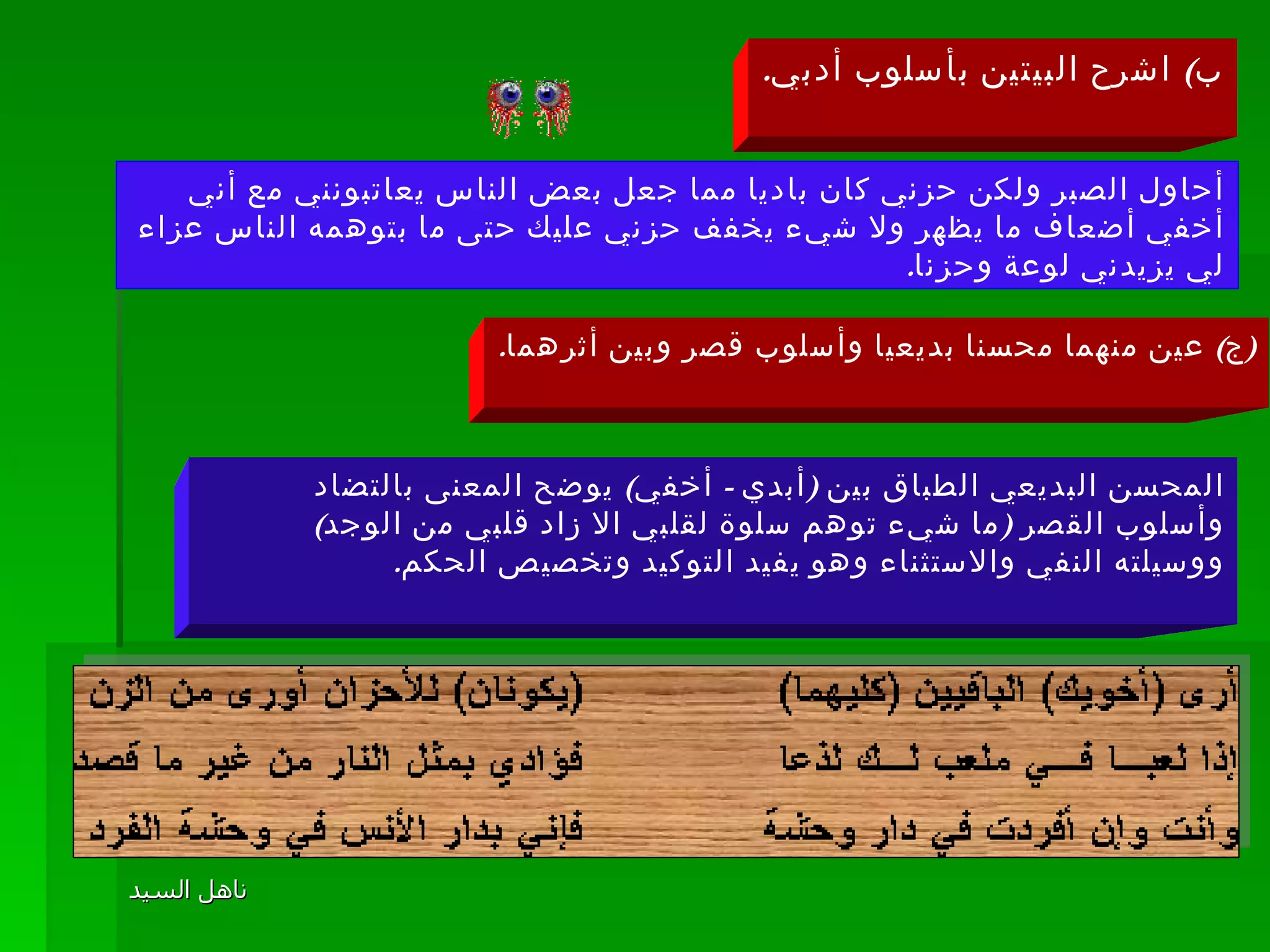 ب )  اشرح البيتين بأسلوب أدبي . أحاول الصبر ولكن حزني كان باديا مما جعل بعض الناس يعاتبونني مع أني أخفي أضعاف ما يظهر ولا شيء يخفف حزني عليك حتى ما بتوهمه الناس عزاء لي يزيدني لوعة وحزنا .  ( ج )  عين منهما محسنا بديعيا وأسلوب قصر وبين أثرهما . المحسن البديعي الطباق بين  ( أبدي  -  أخفي )  يوضح المعنى بالتضاد وأسلوب القصر  ( ما شيء توهم سلوة لقلبي الا زاد قلبي من الوجد )  ووسيلته النفي والاستثناء وهو يفيد التوكيد وتخصيص الحكم .                                                                                          