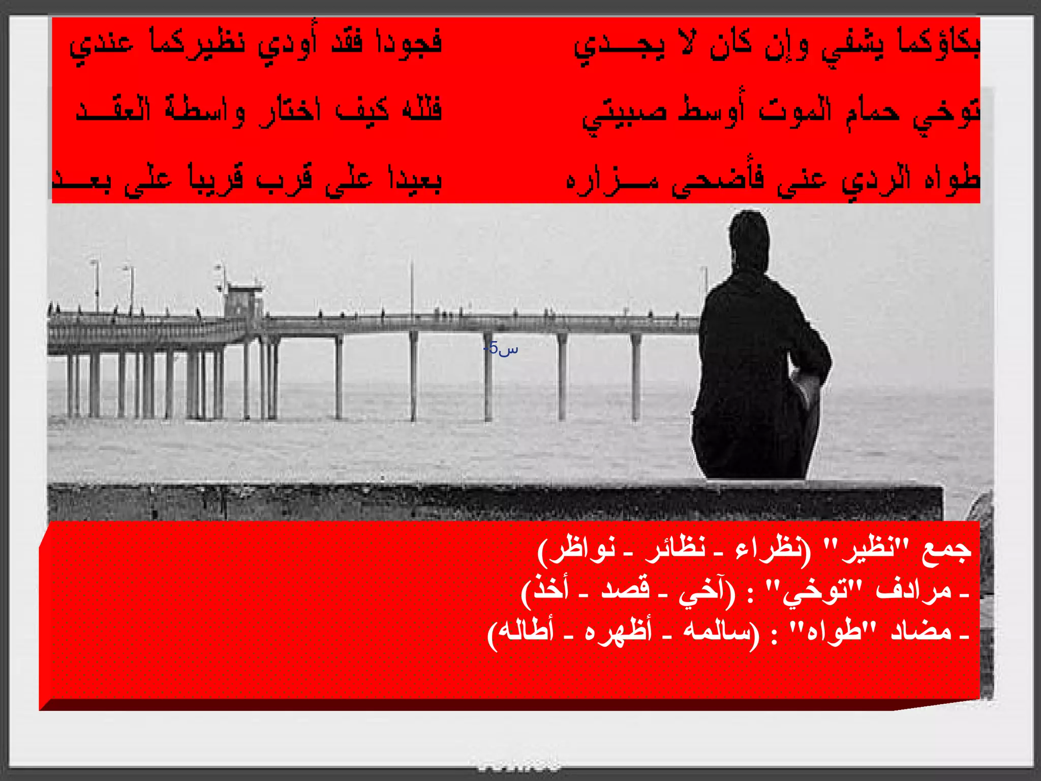 س 5-                                                                                                 جمع  " نظير " ( نظراء  -  نظائر  -  نواظر ) -  مرادف  " توخي " : ( آخي  -  قصد  -  أخذ ) -  مضاد  " طواه " : ( سالمه  -  أظهره  -  أطاله ) 