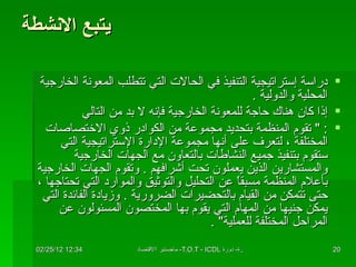 يتبع الانشطة دراسة إستراتيجية التنفيذ في الحالات التي تتطلب المعونة الخارجية المحلية والدولية  .  إذا كان هناك حاجة للمعونة الخارجية فإنه لا بد من التالي  : "  تقوم المنظمة بتحديد مجموعة من الكوادر ذوي الاختصاصات المختلفة ، لتعرف على أنها مجموعة الإدارة الإستراتيجية التي ستقوم بتنفيذ جميع النشاطات بالتعاون مع الجهات الخارجية  والمستشارين الذين يعملون تحت أشرافهم  .  وتقوم الجهات الخارجية بأعلام المنظمة مسبقاً عن التحليل والتوثيق والموارد التي تحتاجها ، حتى تتمكن من القيام بالتحضيرات الضرورية  .  وزيادة الفائدة التي يمكن جنيها من المهام التي يقوم بها المختصون المسئولون عن المراحل المختلفة للعملية " . 