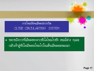 การไหลเวียนเลือดระบบปิด
      CLOSE CIRCULARTERY SYSTEM

• หมายถึงการที่เลือดออกจากหัวใจไหลไปยัง เซลล์ต่าง ๆและ
  กลับเข้าสู่หัวใจเลือดจะไหลไปในเส้นเลือดตลอดเวลา



                                                         Page 17
 