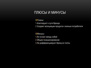 ПЛЮСЫ И МИНУСЫ
Плюсы:
1.Апеллируют к сути бренда
2.Создают ассоциации продукта с жизнью потребителя


Минусы:
1.Их путают между собой
2.Общее позиционирование
3.Не дифференциируют бренд из толпы
 