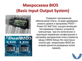 Микросхема  BIOS   ( Basic Input Output System )  Содержит программное обеспечение платы  (в виде драйверов низкого уровня и программы  POST  –  Power On Self Test , осуществляющей тестирование главных устройств компьютера  при его включении) и хранящая параметры конфигурации и настройки материнской платы (имеется ввиду  CMOS Setup ) На некоторых платах две  микросхемы  BIOS  (во второй хранятся резервные копии первой).  
