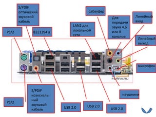 PS/2 PS/2 S/PDIF  коаксиальный звуковой кабель S/PDIF  оптический звуковой кабель IEEE1394 a USB 2.0 LAN2  для локальной сети USB 2.0 USB 2.0 сабвуфер Для передачи звука 4,6 или 8 каналов наушники Линейный вход Линейный выход микрофон 