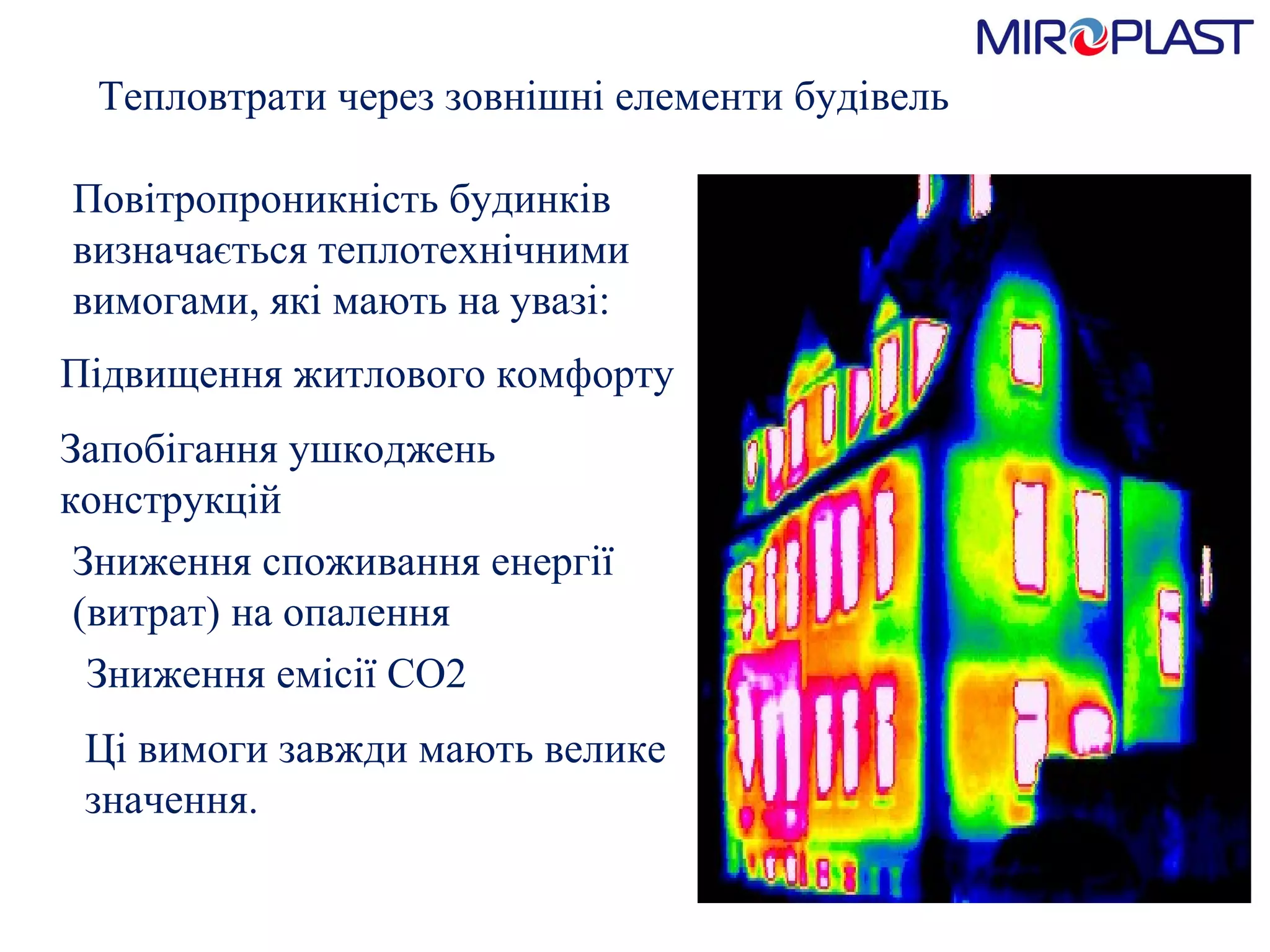 Тепловтрати через зовнішні елементи будівель Повітропроникність будинків визначається теплотехнічними вимогами, які мають на увазі: Підвищення житлового комфорту Запобігання ушкоджень конструкцій Зниження споживання енергії (витрат) на опалення Зниження емісії  CO2 Ці вимоги завжди мають велике значення. 